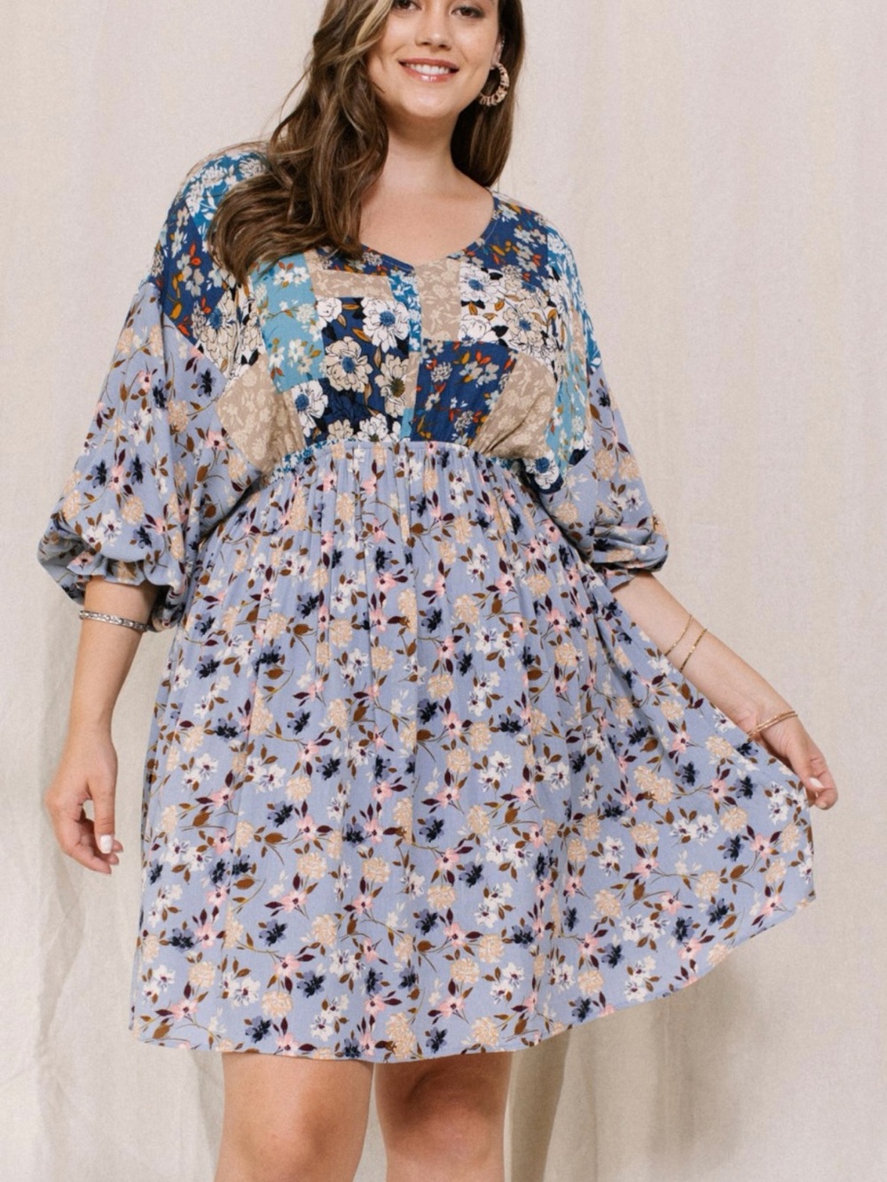 Boho V-Neck Babydoll Mini Dress Patchwork Floral Oddi Women's Plus Size 1X